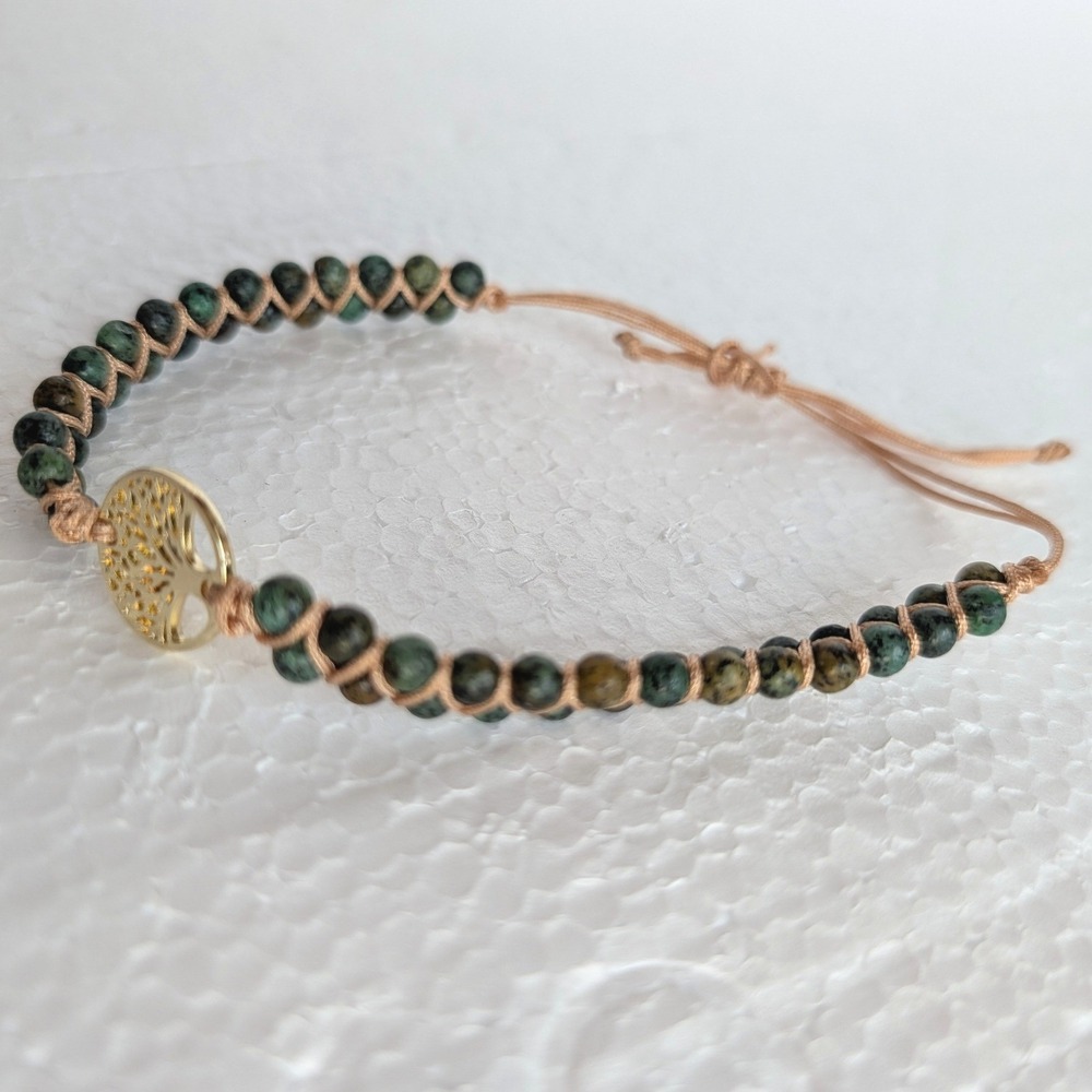 Tree of Life Jasper Bead Woven Macrame Adjustable Bracelet Gold Green Boho